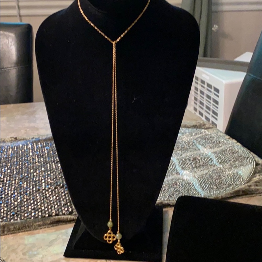 Goldtone Flower and Green Glass Lariat Necklace